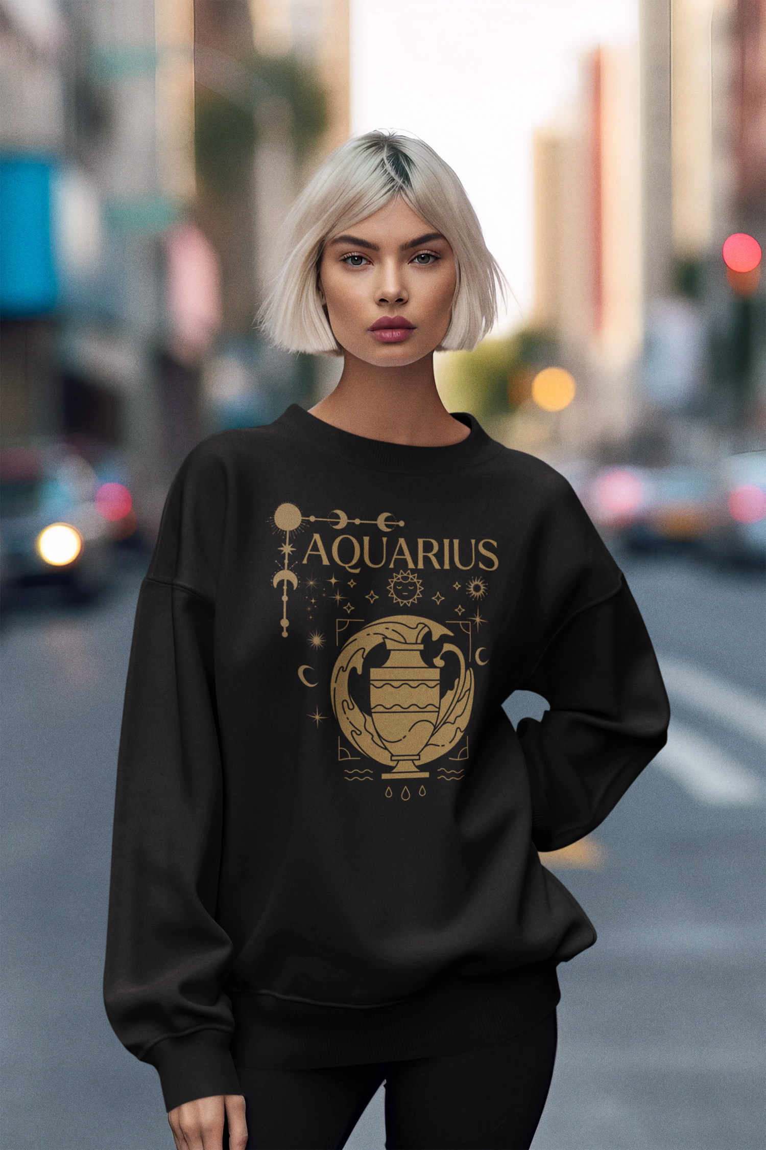 Black sweatshirt with glamourous Aquarius zodiac sign design