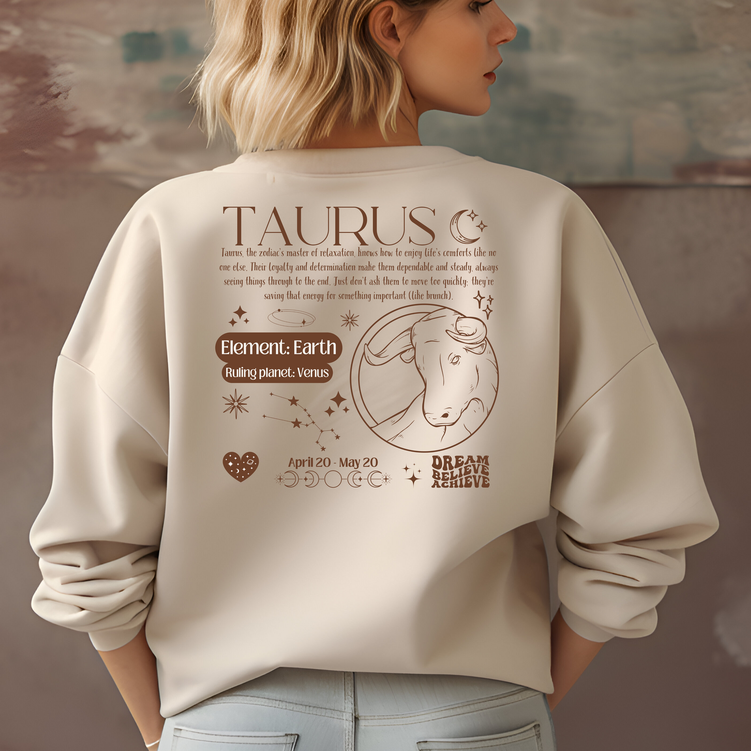 Taurus sweatshirt, retro Y2K design, description of the zodiac sign with celestial symbols on the back, Taurus icon in the front