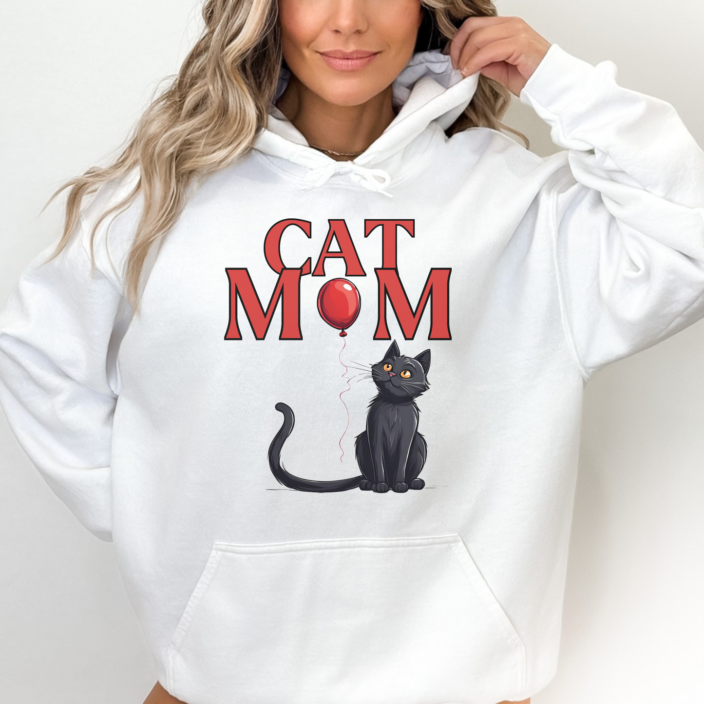 Cat Mom Hoodie with Black Cat and Balloon Design | Cozy and Stylish Cat Lover Sweatshirt