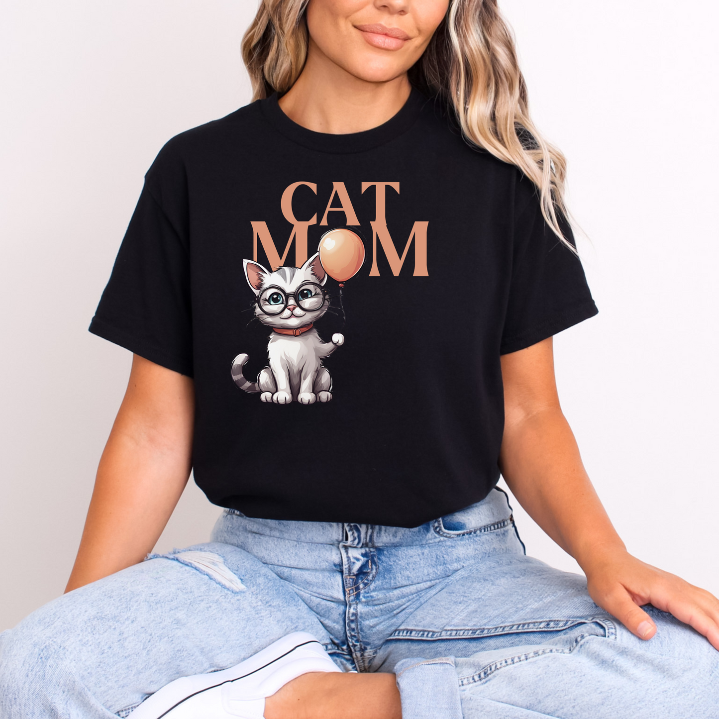 Cat Mom T-Shirt with Balloon Design | Cute Cat Lover Tee