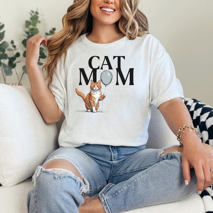 Cat Mom T-Shirt with Ginger Tabby Cat and Balloon Design | Cat Lover Gift Tee