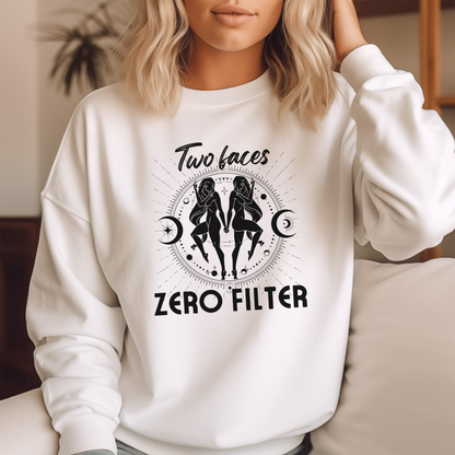 Gemini Sweatshirt – Two Faces, Zero Filter | Bold Astrology Apparel