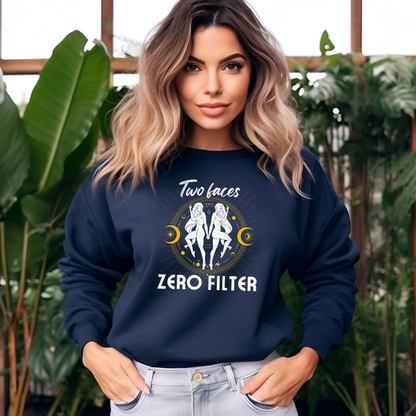 Gemini Sweatshirt – Two Faces, Zero Filter | Bold Astrology Apparel