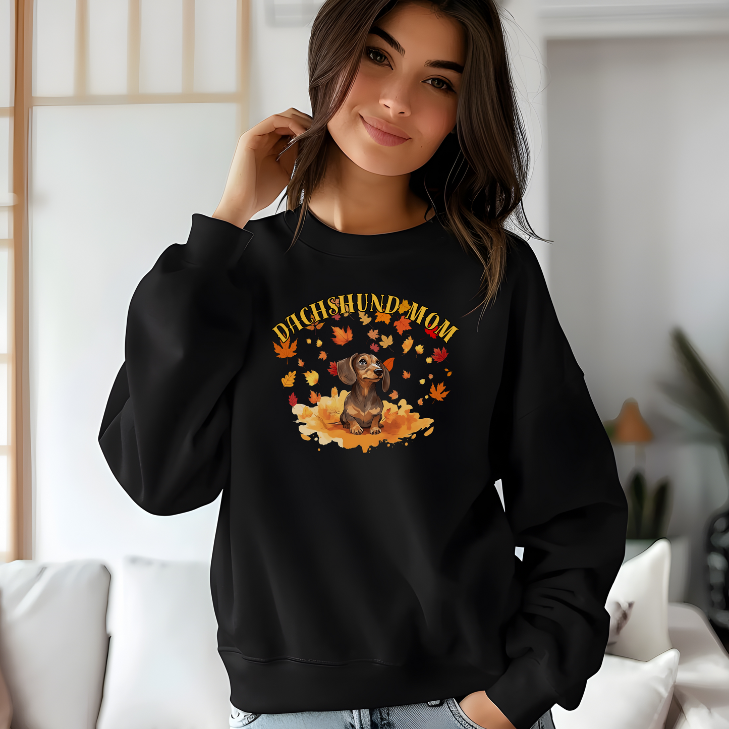 Dachshund Mom Sweatshirt with Autumn Leaves Design | Dog Lover Sweater