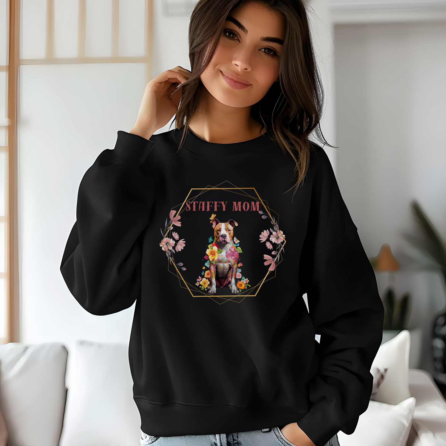 Staffy Mom Floral Sweatshirt | Stylish Staffordshire Dog Lover Sweater