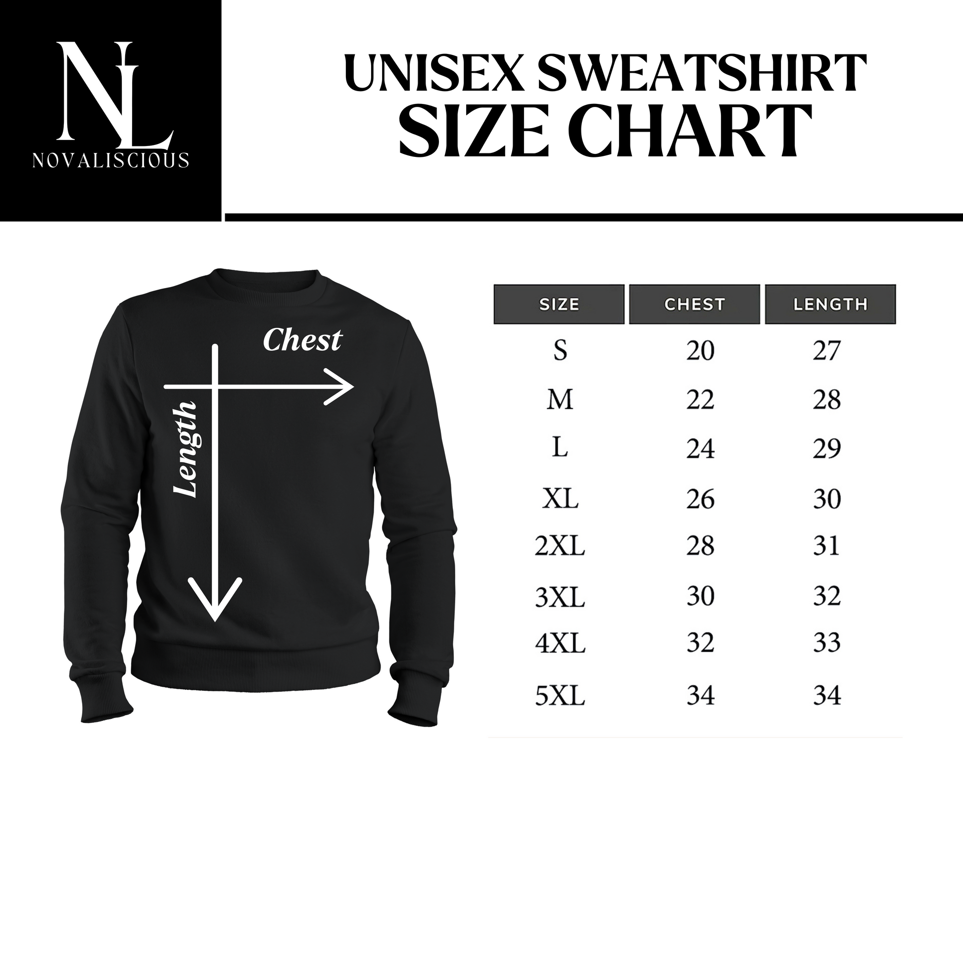 Size chart for swatshirts