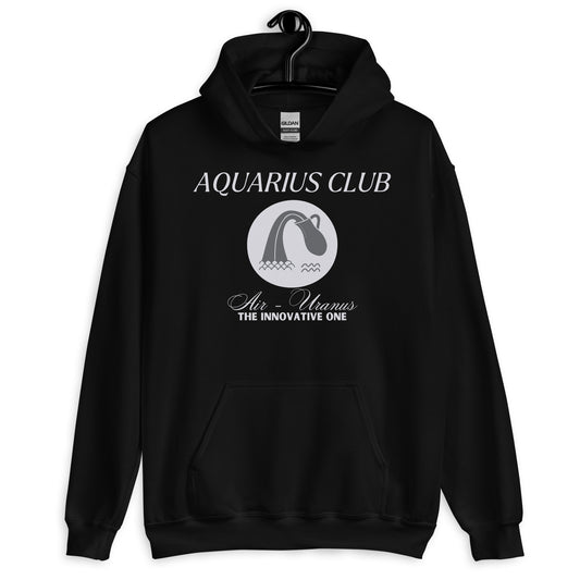 Black Aquarius Club hoodie featuring a minimalist design of the Aquarius symbol with text 'Air - Uranus, The Innovative One' in a retro-inspired style.