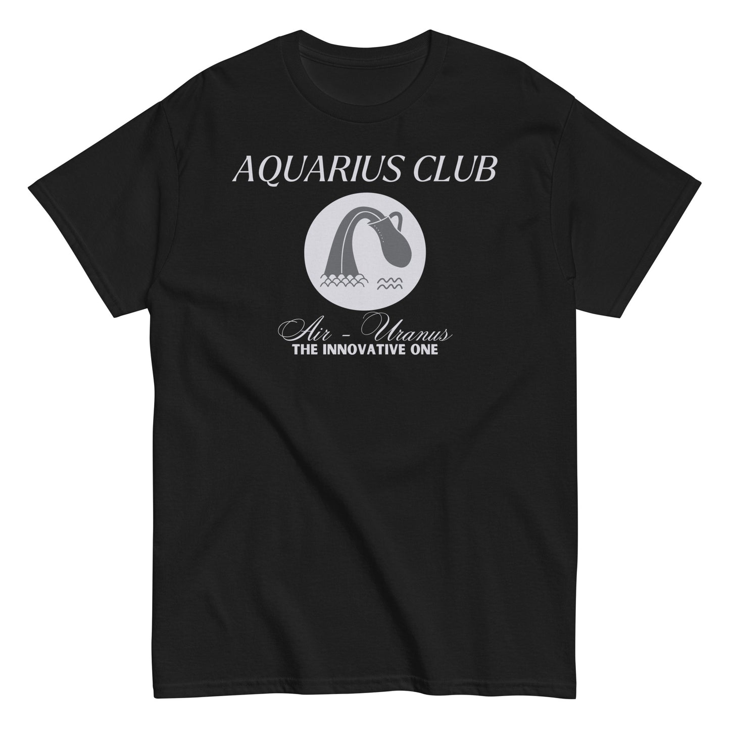 Black Aquarius Club t-shirt with gray Aquarius symbol, Air element, Uranus ruling planet, and 'The Innovative One' text.