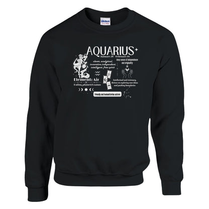 Black sweatshirt featuring a retro Aquarius design. Includes the word 'Aquarius' along with the birth dates, core traits like 'clever,' 'independent,' and 'humanitarian,' and symbols for the Air element and ruling planet Uranus. The design is complemented by celestial illustrations, highlighting Aquarius's innovative and visionary spirit.