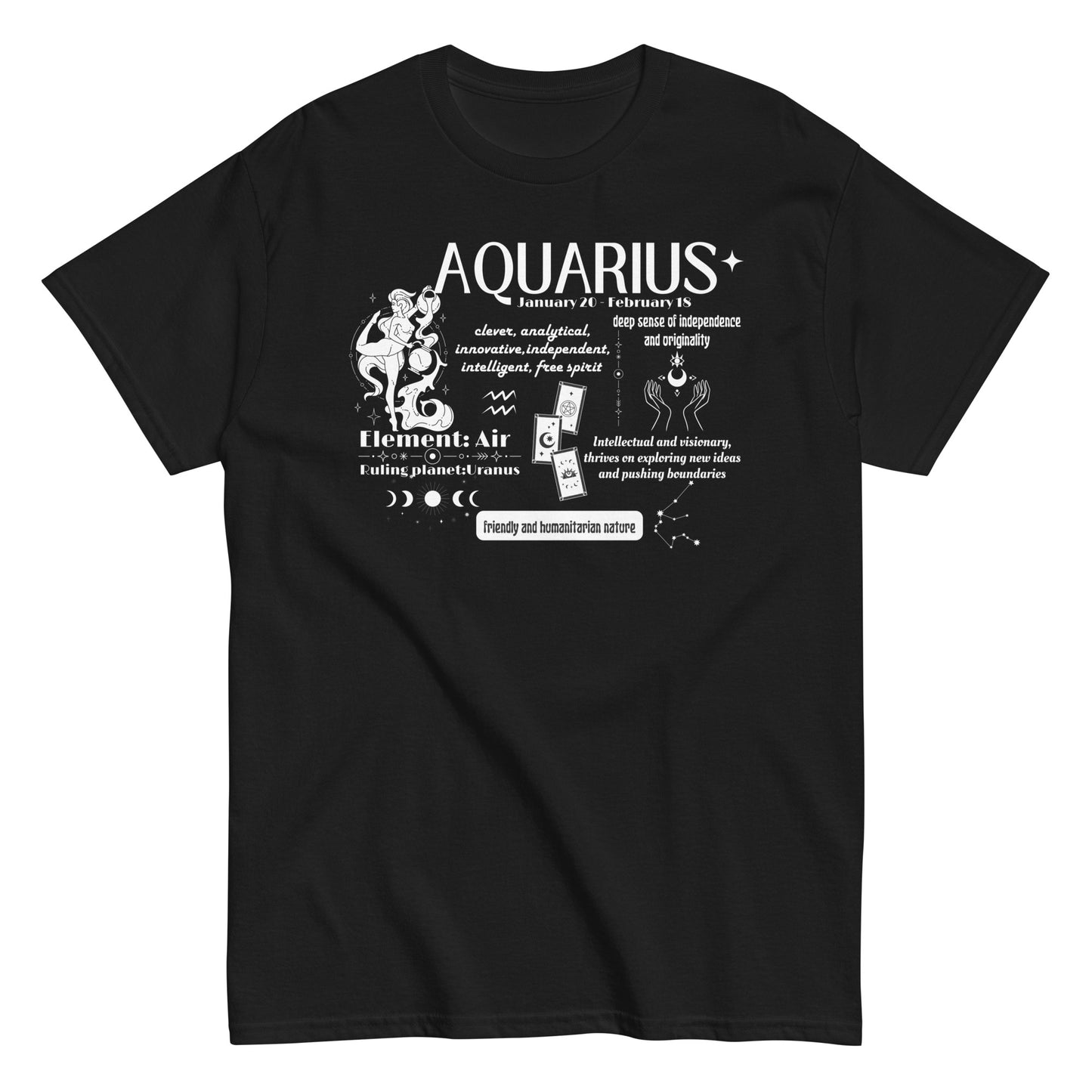 Black t-shirt featuring an Aquarius-themed retro design. Includes the phrase 'Aquarius' with key Aquarius traits like 'clever,' 'innovative,' and 'free spirit,' along with symbols representing the Air element and ruling planet Uranus. Text emphasizes Aquarius’s friendly, independent, and humanitarian nature, complemented by a unique, celestial-inspired illustration.