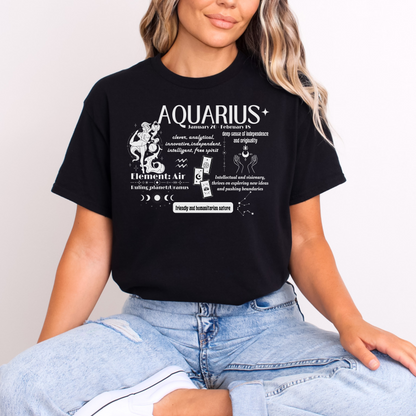 Black t-shirt featuring an Aquarius-themed retro design. Includes the phrase 'Aquarius' with key Aquarius traits like 'clever,' 'innovative,' and 'free spirit,' along with symbols representing the Air element and ruling planet Uranus. Text emphasizes Aquarius’s friendly, independent, and humanitarian nature, complemented by a unique, celestial-inspired illustration.