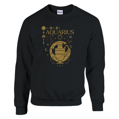 Black Aquarius sweatshirt with brown Aquarius symbol, celestial decorations, and zodiac elements.