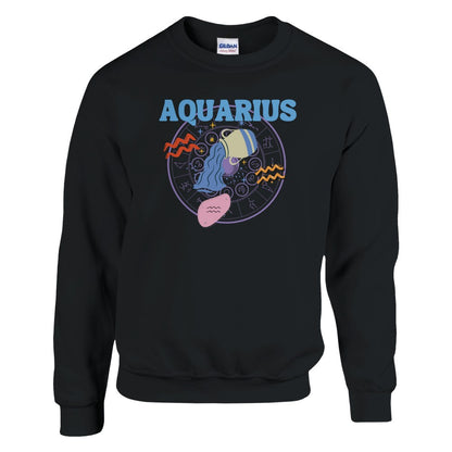 Black Aquarius sweatshirt with colorful Aquarius symbol, zodiac wheel, and bold 'Aquarius' text.