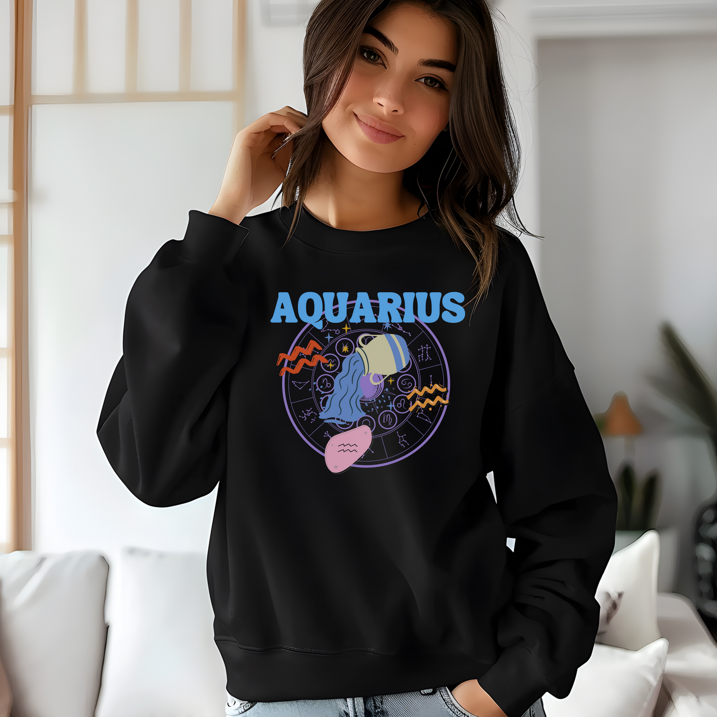 Black Aquarius sweatshirt with colorful Aquarius symbol, zodiac wheel, and bold 'Aquarius' text.