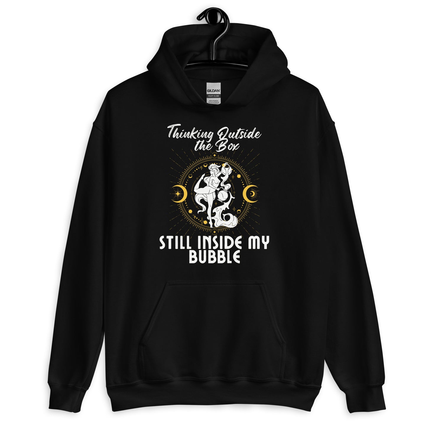 Black Aquarius hoodie featuring 'Thinking Outside the Box, Still Inside My Bubble' text with retro-style Aquarius water-bearer illustration in white and gold accents.