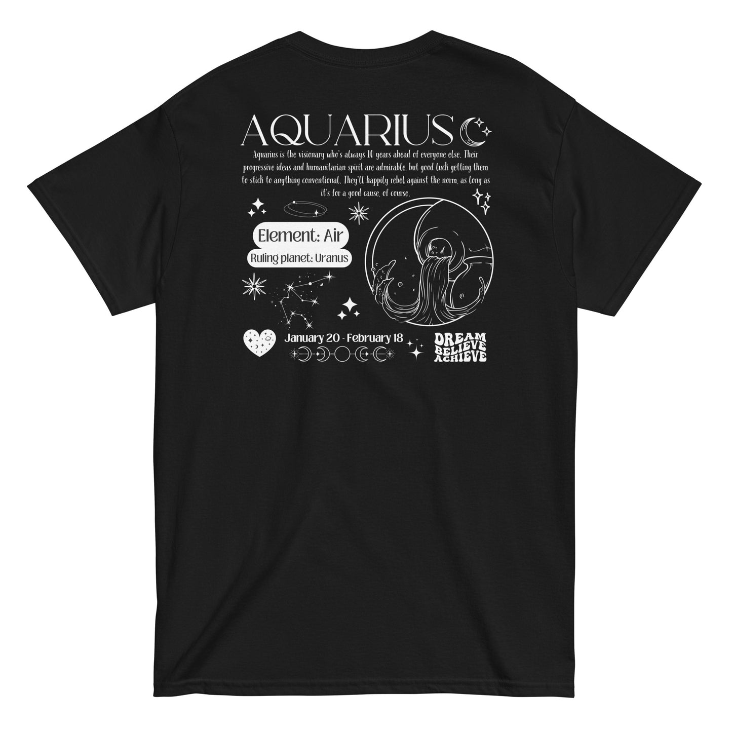 Back of black Aquarius t-shirt with white zodiac design, featuring Aquarius symbol, Air element, Uranus ruling planet, and inspirational text.