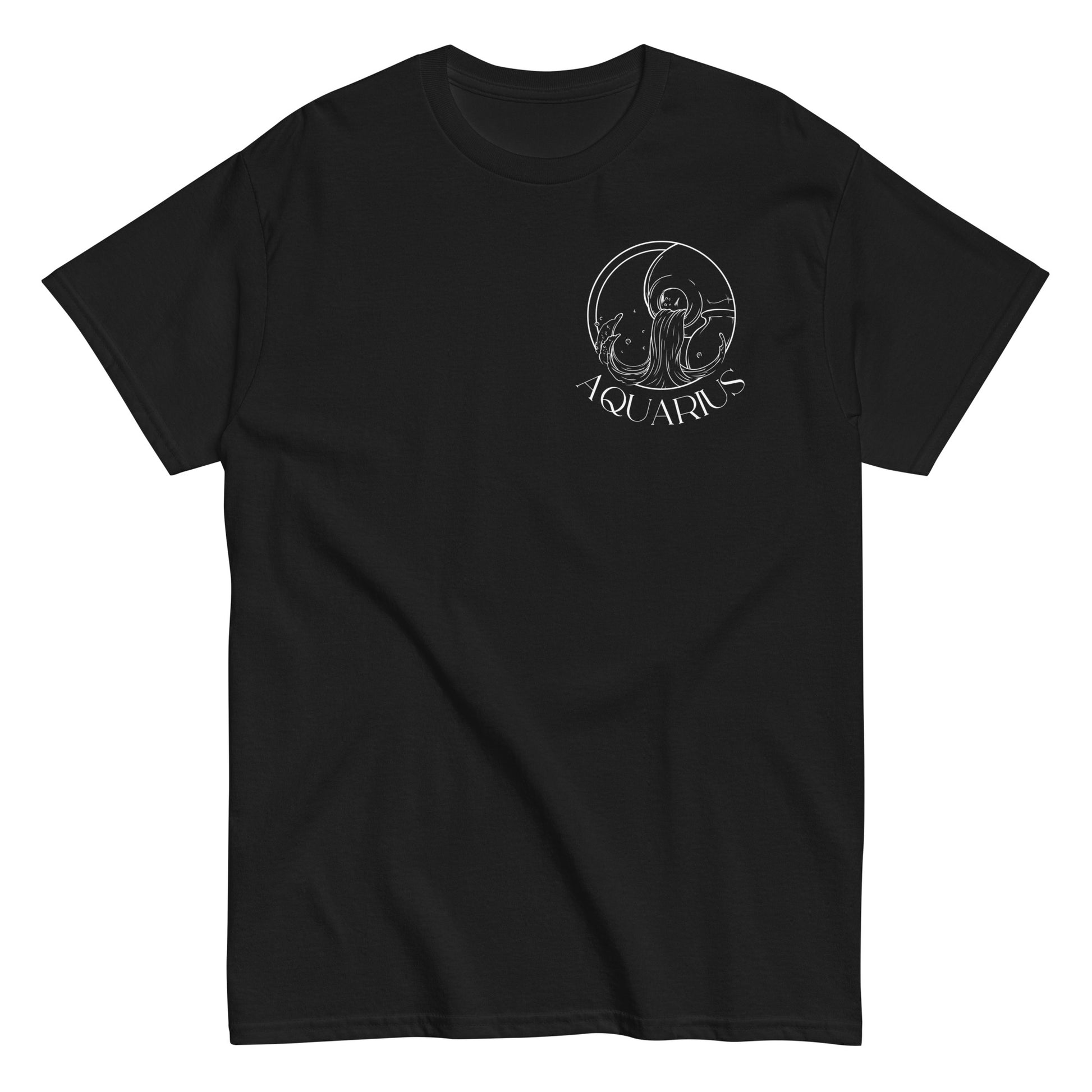 Front of black Aquarius t-shirt with white Aquarius symbol and zodiac design.