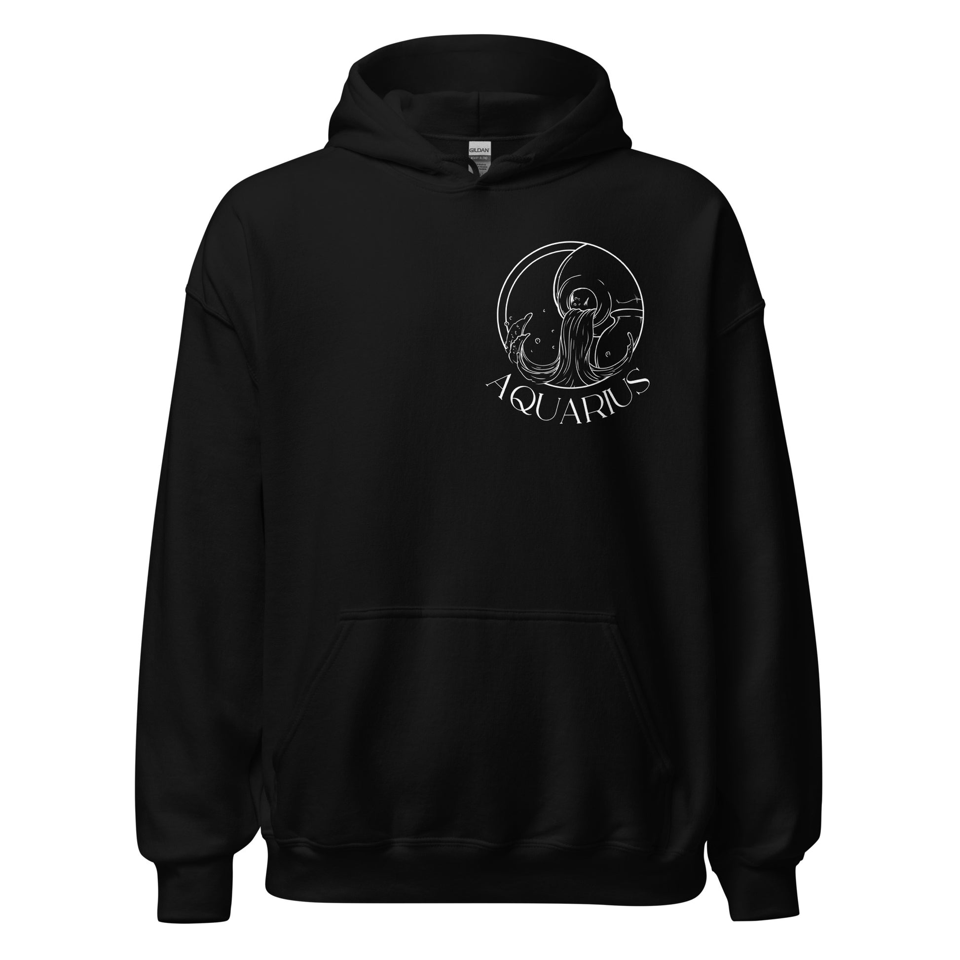 Front of black Aquarius Y2K hoodie with white retro Aquarius symbol and zodiac design.