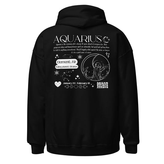 Back of black Aquarius Y2K hoodie with white retro zodiac design, featuring Aquarius symbol, Air element, Uranus ruling planet, and inspirational text.