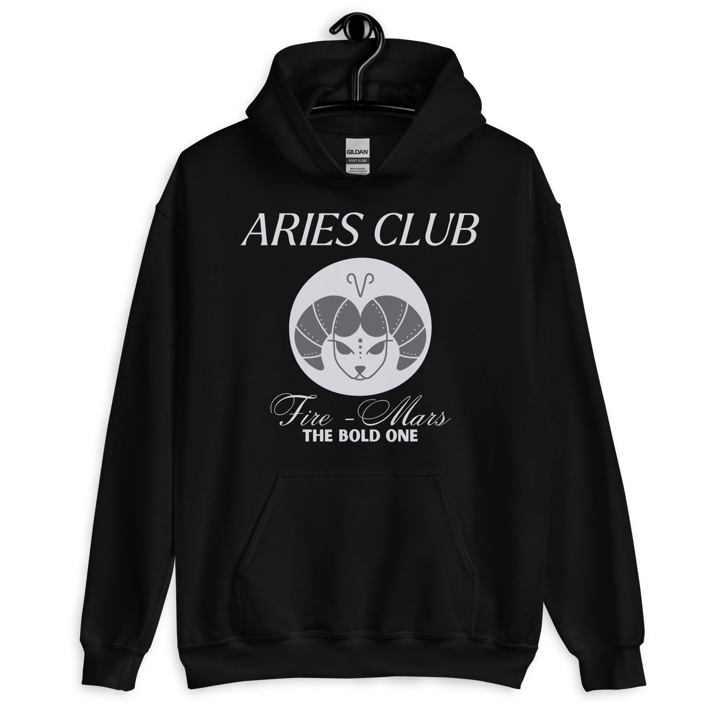 Black Aries Club hoodie with light grey zodiac ram design, Fire element, Mars ruling planet, and text 'The Bold One.