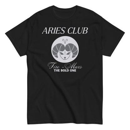 Black Aries Club t-shirt with zodiac ram design, Fire element, Mars ruling planet, and text 'The Bold One