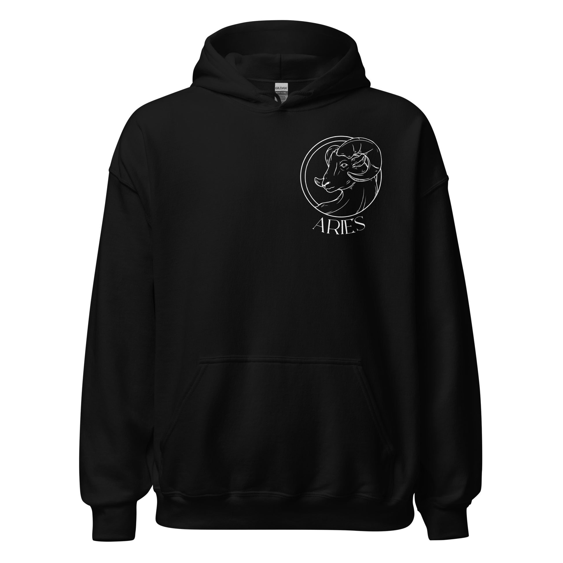 Front of black Aries hoodie with white zodiac ram symbol and Aries text design.