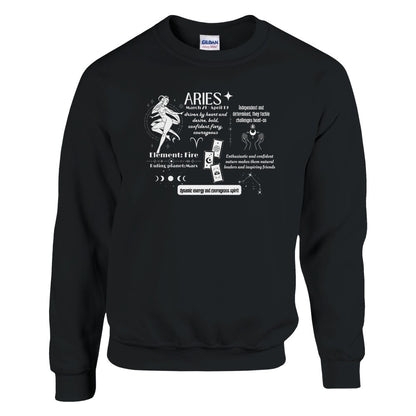 Black Aries sweatshirt with black zodiac-themed design, featuring Aries traits, Fire element, Mars ruling planet, and symbolic graphics.