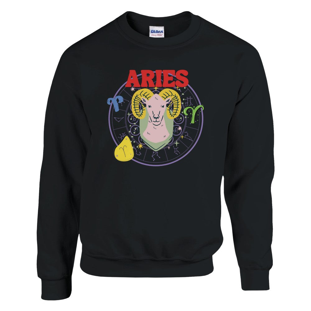 Black Aries sweatshirt featuring colorful ram illustration with zodiac symbols and bold red 'Aries' text.