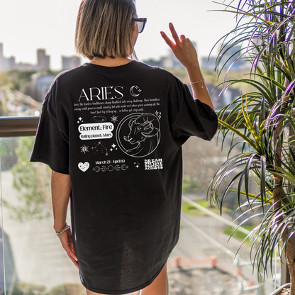 Back of black Aries t-shirt with white zodiac-themed design, featuring Aries symbol, Fire element, Mars ruling planet, and motivational text in retro design inspired by 2000s.