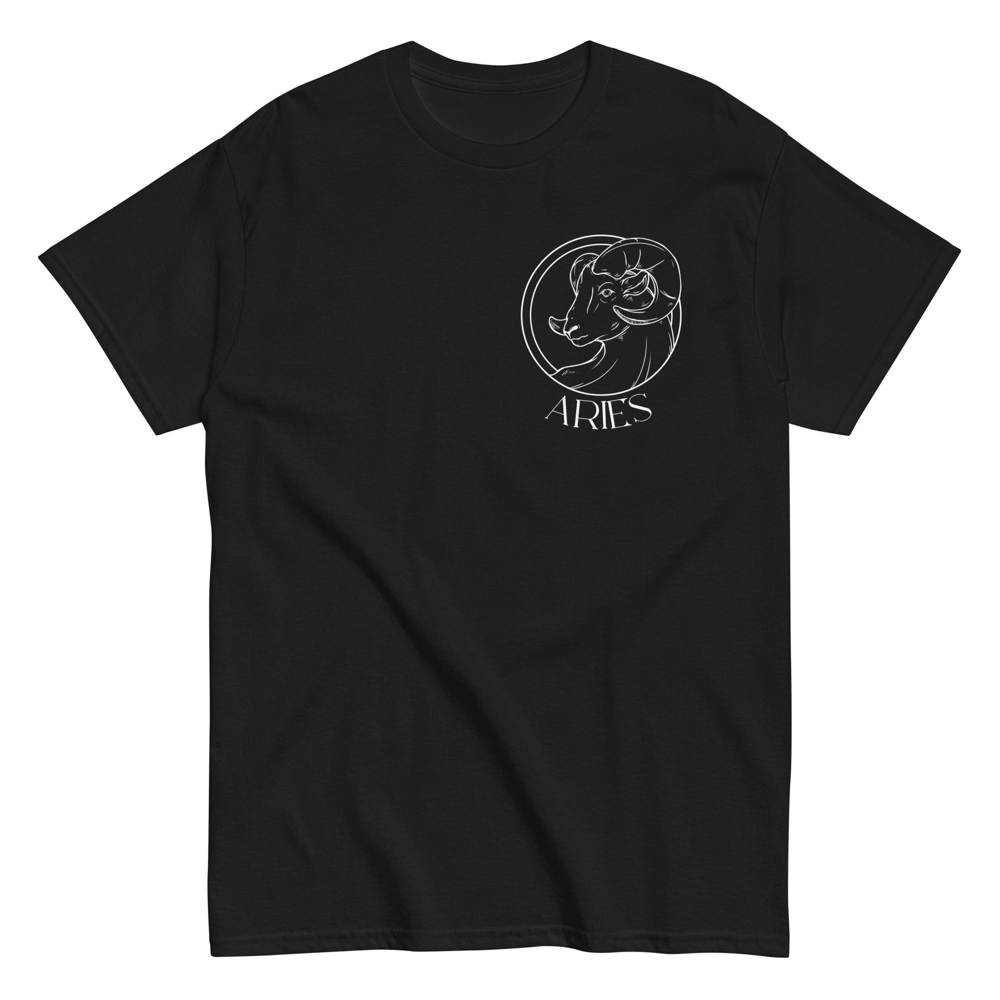 Front of black Aries t-shirt with white Aries symbol and zodiac design.