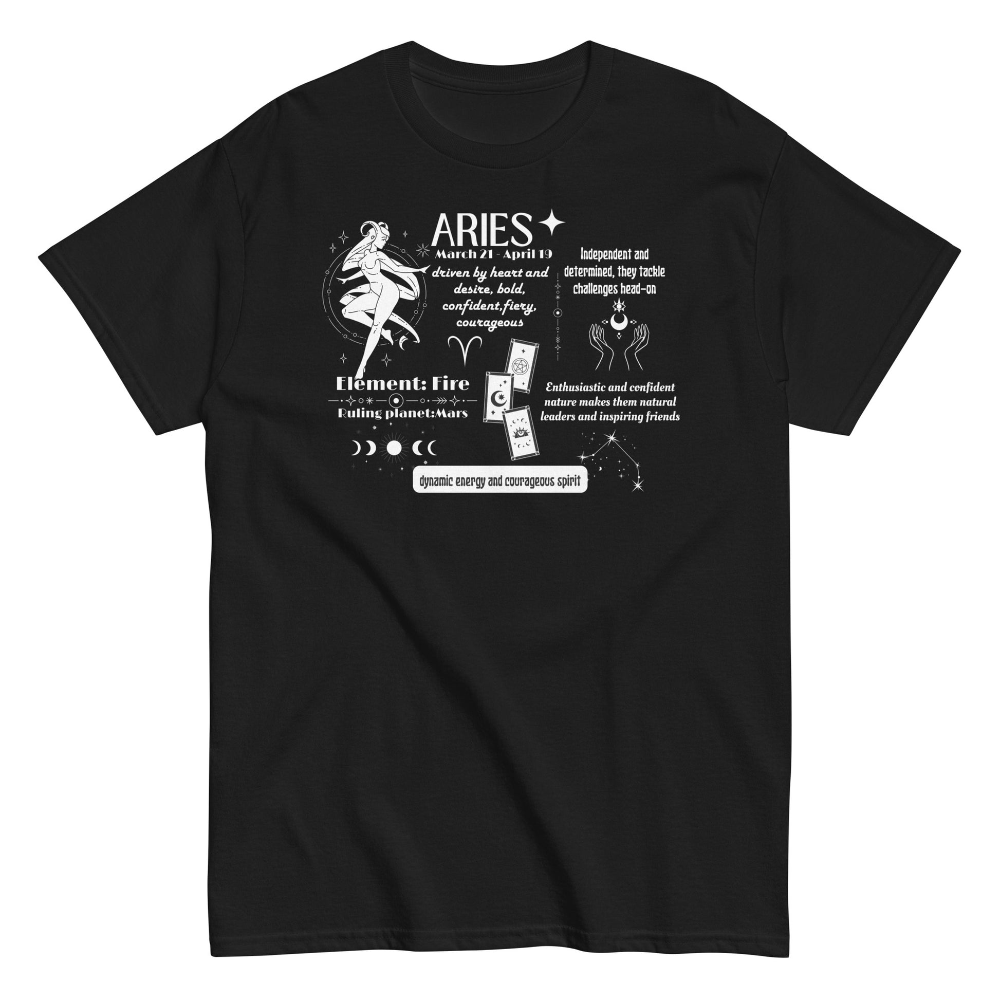 Black Aries t-shirt with white zodiac-themed design, featuring Aries traits, Fire element, Mars ruling planet, and symbolic graphics.