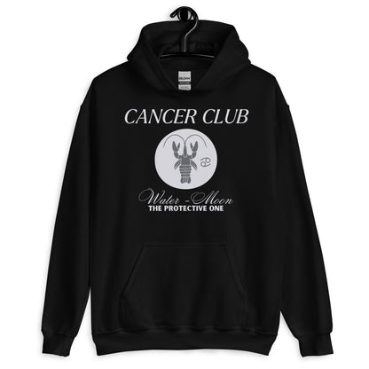 Black hoodie with a 'Cancer Club' design featuring a grey, minimalist depiction of a lobster in a circular emblem. Text below reads 'Water - Moon' and 'The Protective One,' emphasizing Cancer's astrological traits. The hoodie has a casual and modern design, ideal for those identifying with the Cancer zodiac sign.