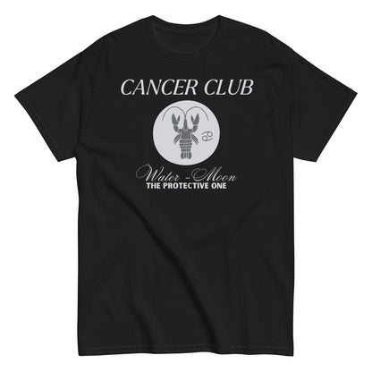 Black t-shirt with a Cancer zodiac-themed design labeled 'Cancer Club.' The center features a gray lobster illustration with the words 'Water - Moon' and 'The Protective One' beneath, symbolizing the Cancer zodiac sign with its water element and association with the moon.