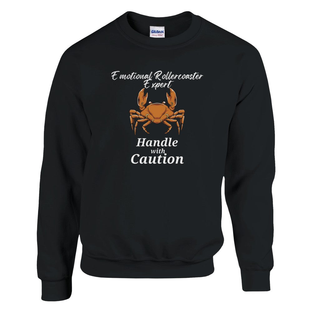 Front of black Cancer-themed sweatshirt with crab illustration and 'Emotional Rollercoaster Expert - Handle with Caution' text.