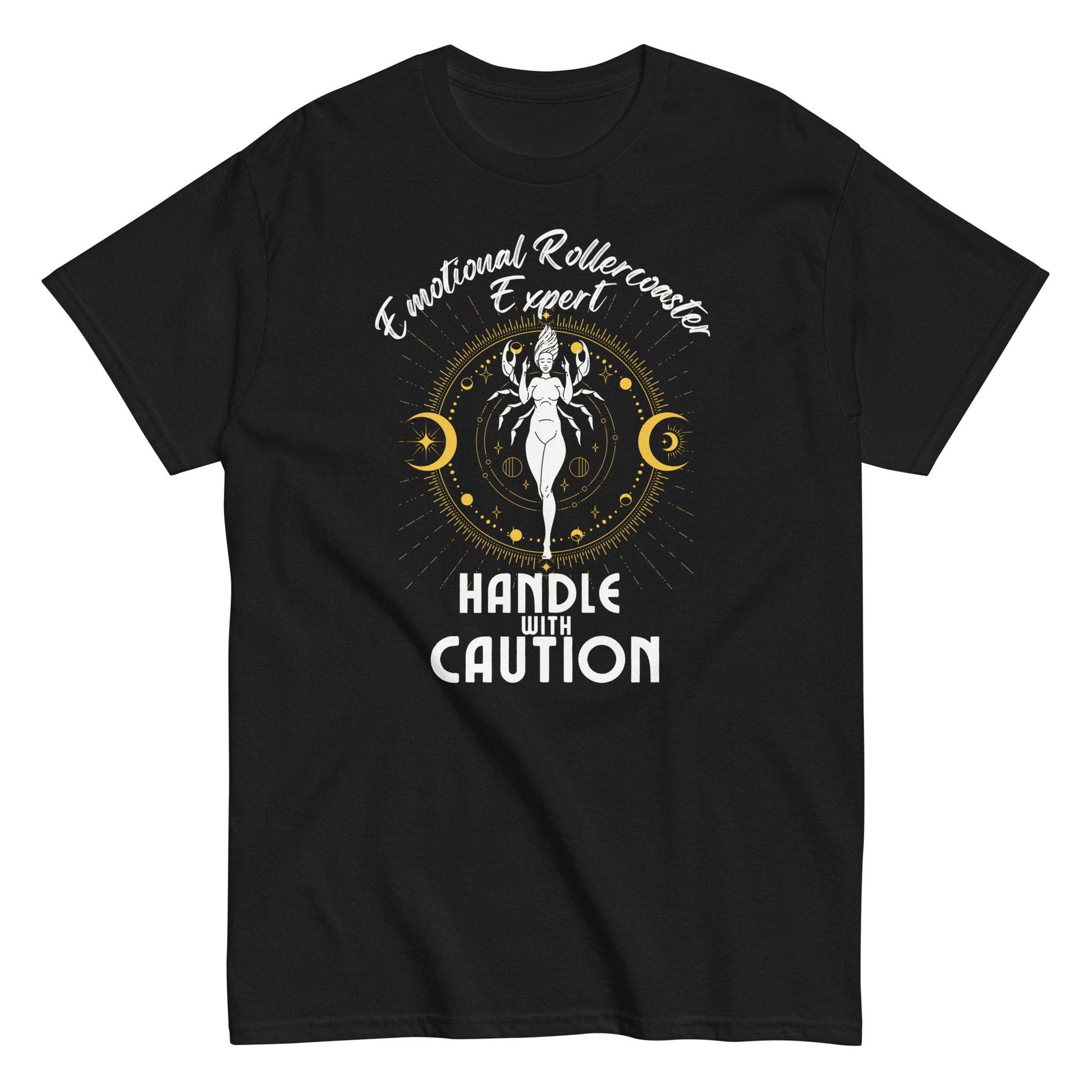 Black t-shirt featuring a Cancer zodiac-themed design with the phrase 'Emotional Rollercoaster Expert' at the top and 'Handle With Caution' at the bottom. The central illustration displays a stylized figure in a mystical design surrounded by celestial symbols, including moons, against a radiant, detailed backdrop in white and yellow accents.