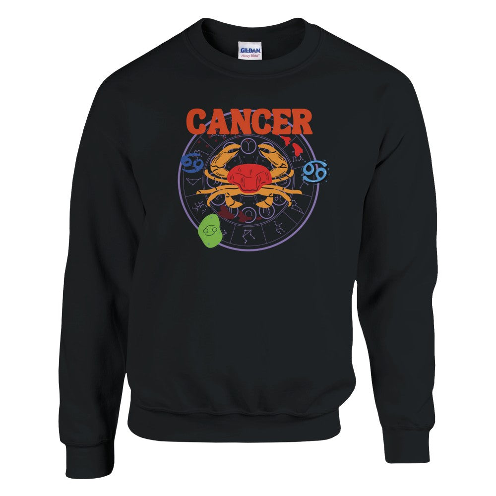 Front of black Cancer-themed sweatshirt with a colorful crab illustration and zodiac symbols in retro style.