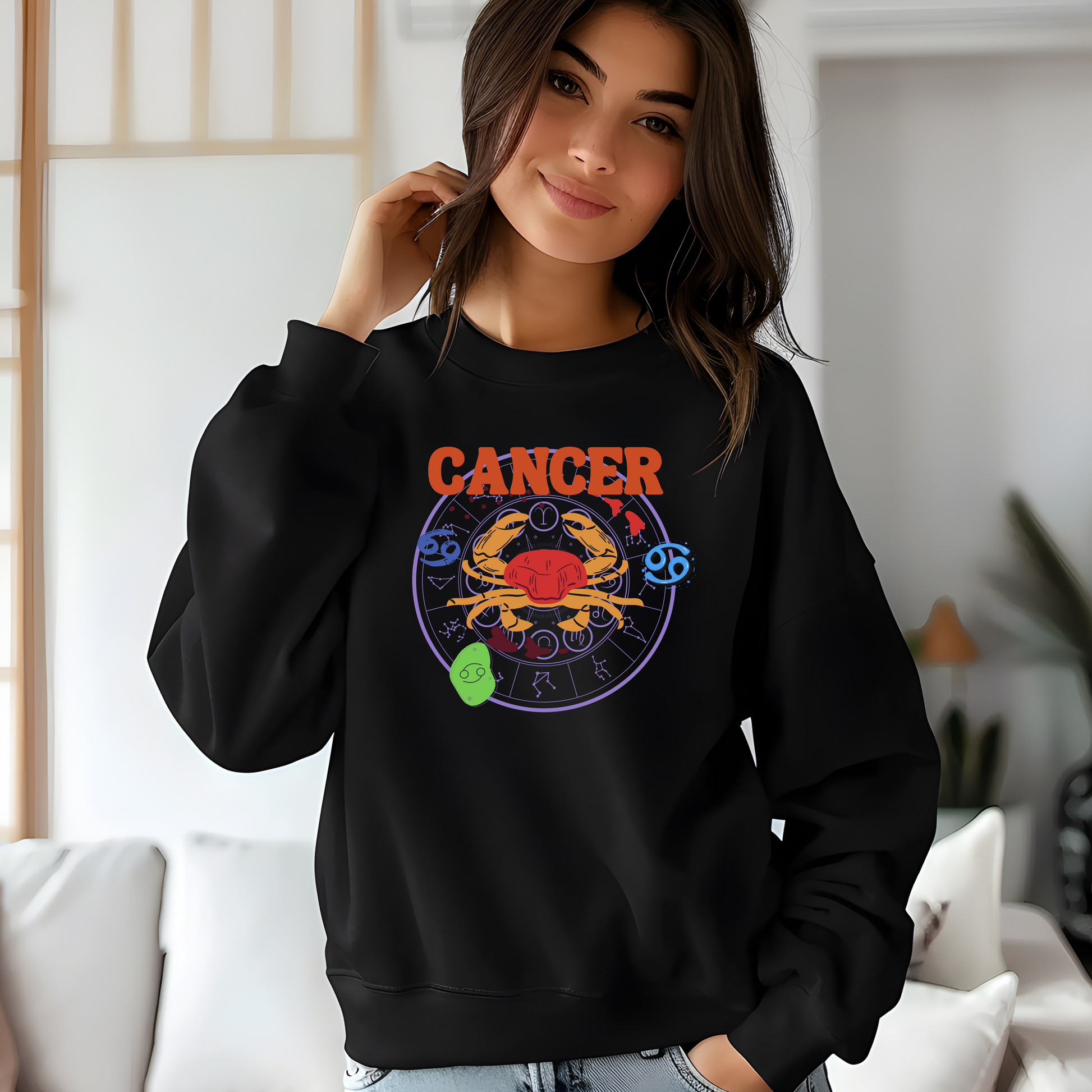 Front of black Cancer-themed sweatshirt with a colourful crab illustration and zodiac symbols in retro style.