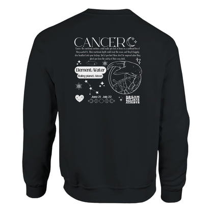 Back of black Cancer-themed sweatshirt featuring a retro zodiac design in white, with Cancer symbol, element water, ruling planet moon, and a nurturing personality description.