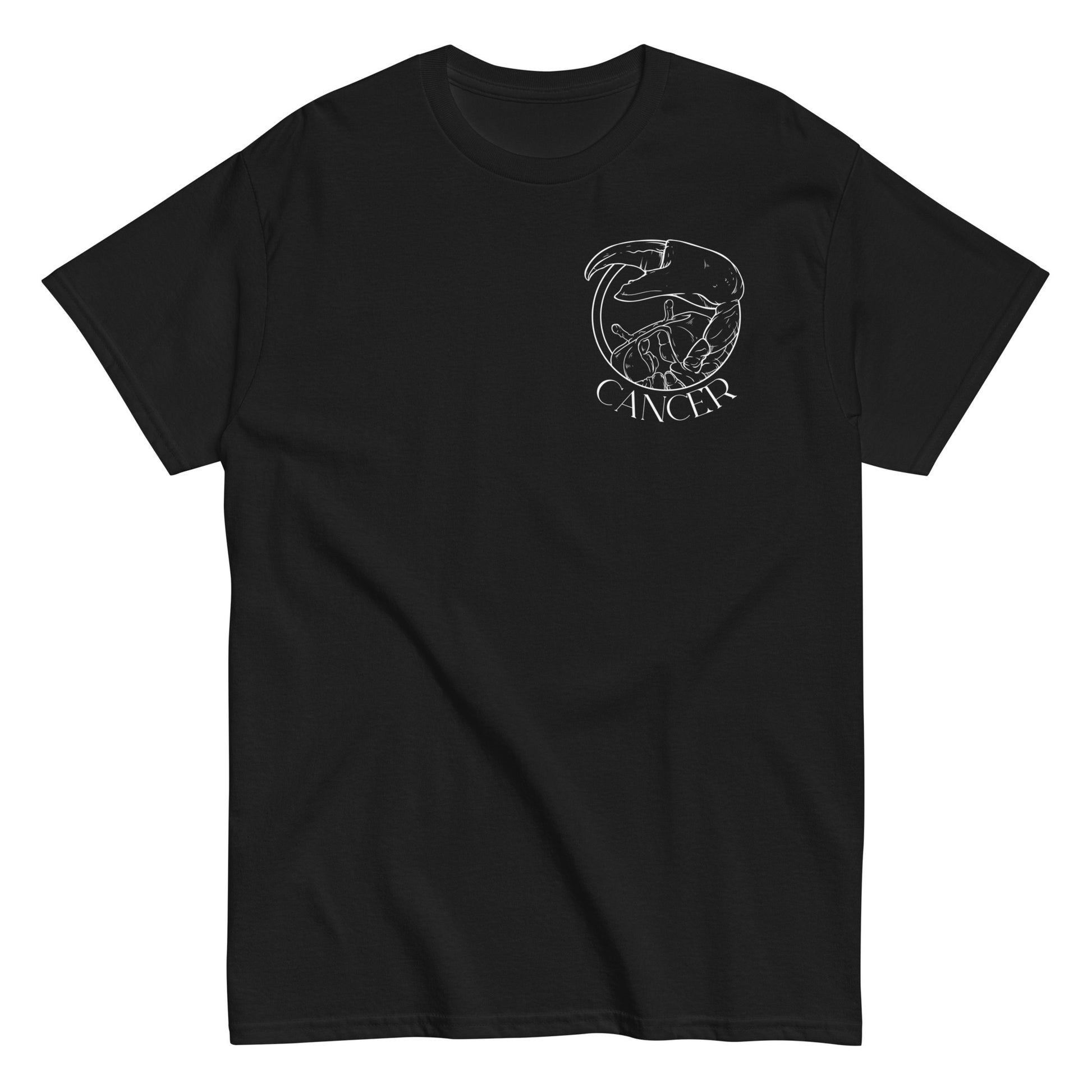 Front of black Cancer-themed t-shirt featuring retro zodiac design with Cancer symbol.