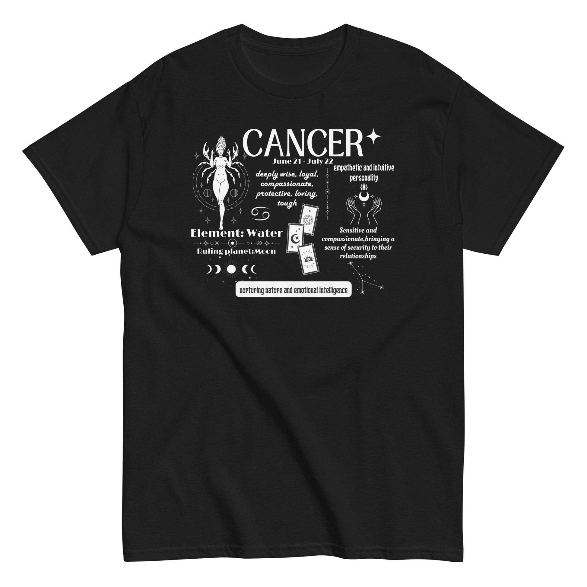 Black cancer zodiac t-shirt with detailed traits and elements for Cancer sign; includes words like nurturing nature, emotional intelligence, element Water, and ruling planet Moon.