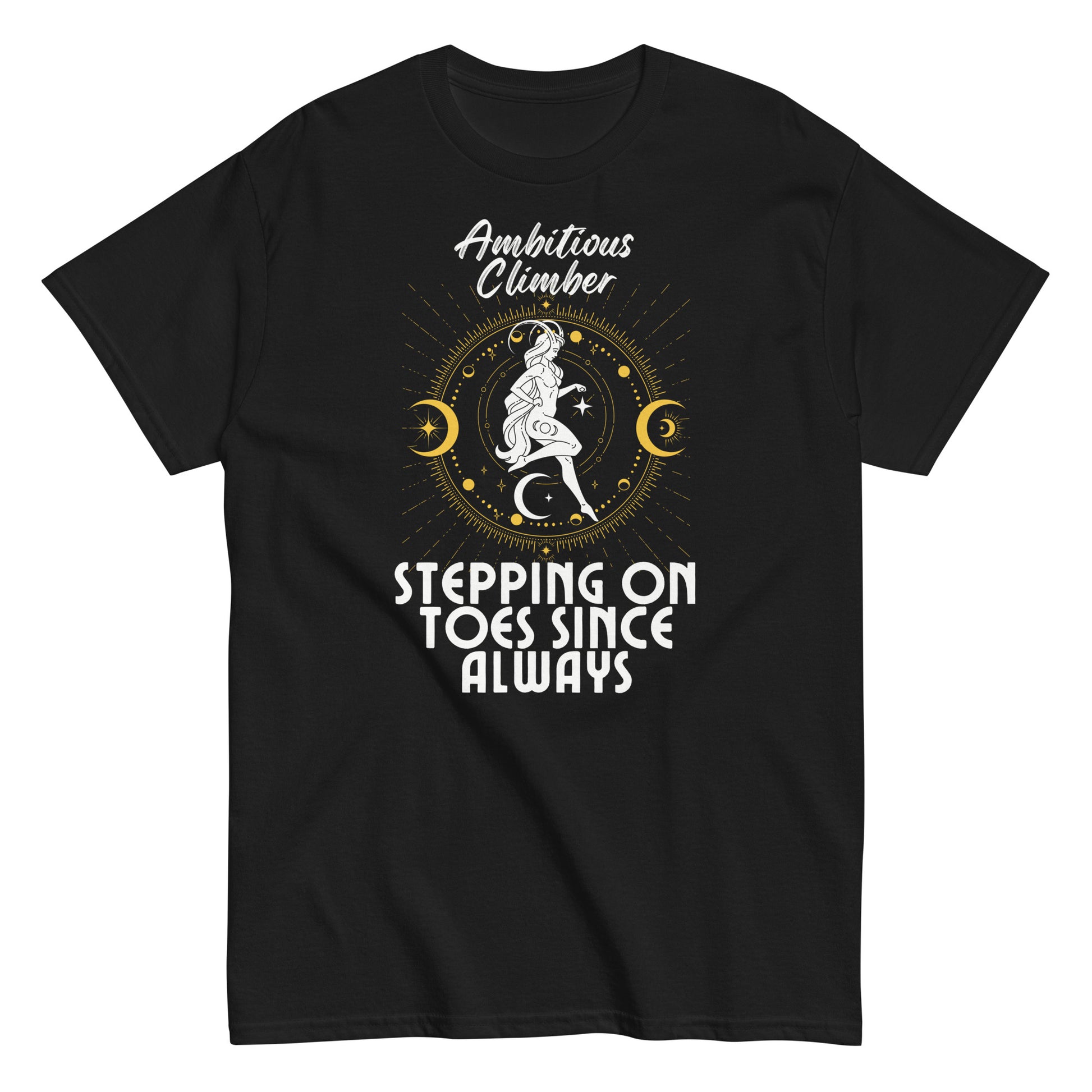 Front of black Capricorn-themed t-shirt with 'Ambitious Climber' text, illustration of Capricorn symbol, and phrase 'Stepping on Toes Since Always.