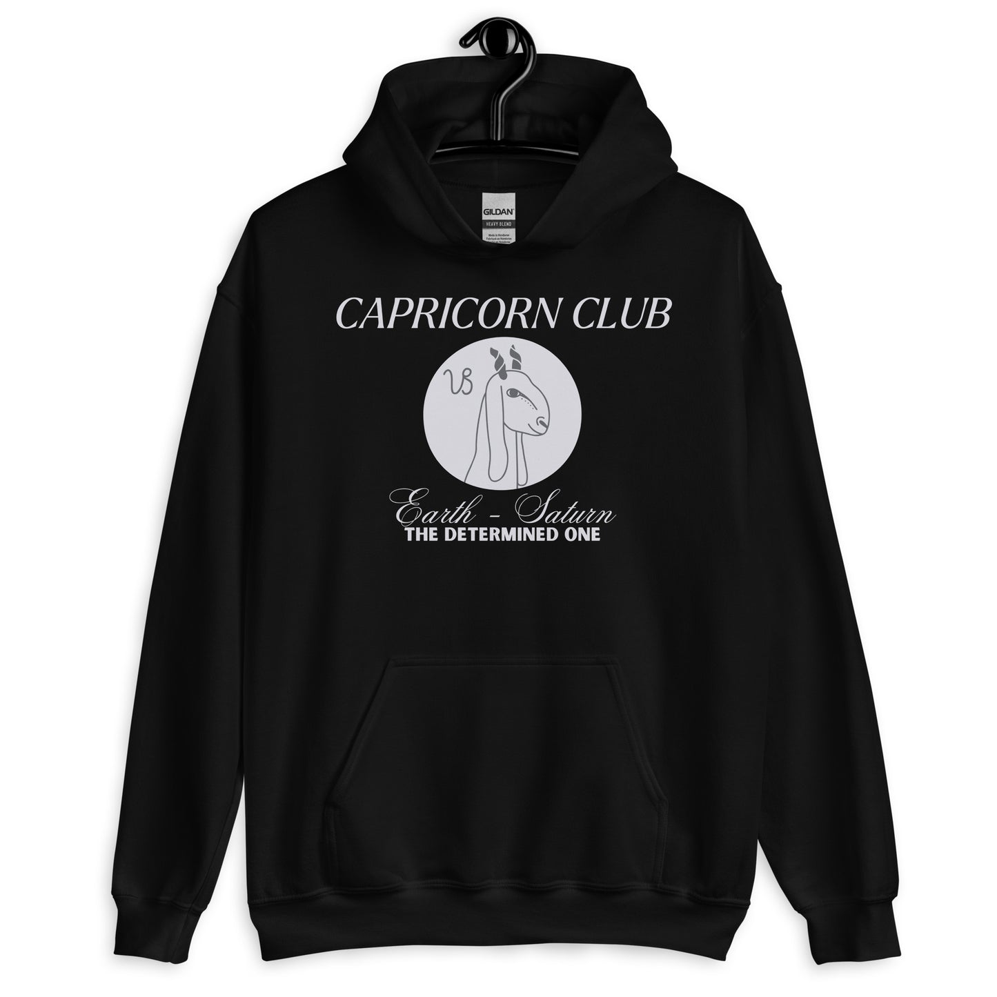 Front of black Capricorn-themed hoodie with 'Capricorn Club' text, Capricorn symbol illustration, and phrase 'Earth - Saturn, The Determined One.