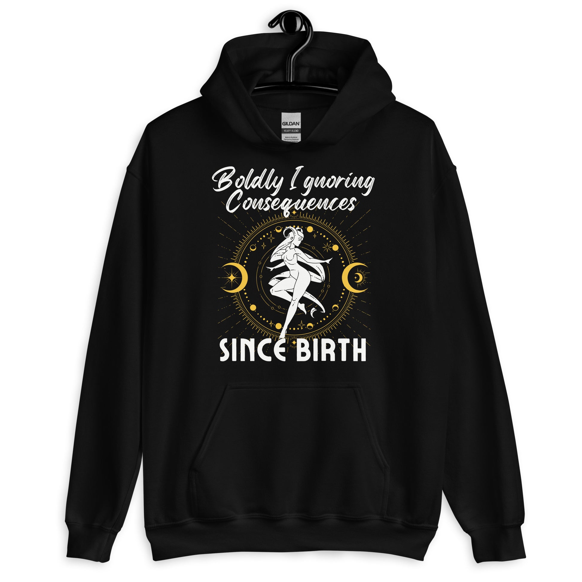 Black hoodie with 'Boldly Ignoring Consequences Since Birth' text and celestial illustration.