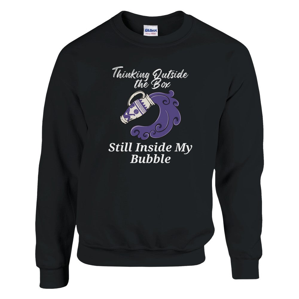 Black sweatshirt with 'Thinking Outside the Box, Still Inside My Bubble' text and purple Aquarius-themed illustration.