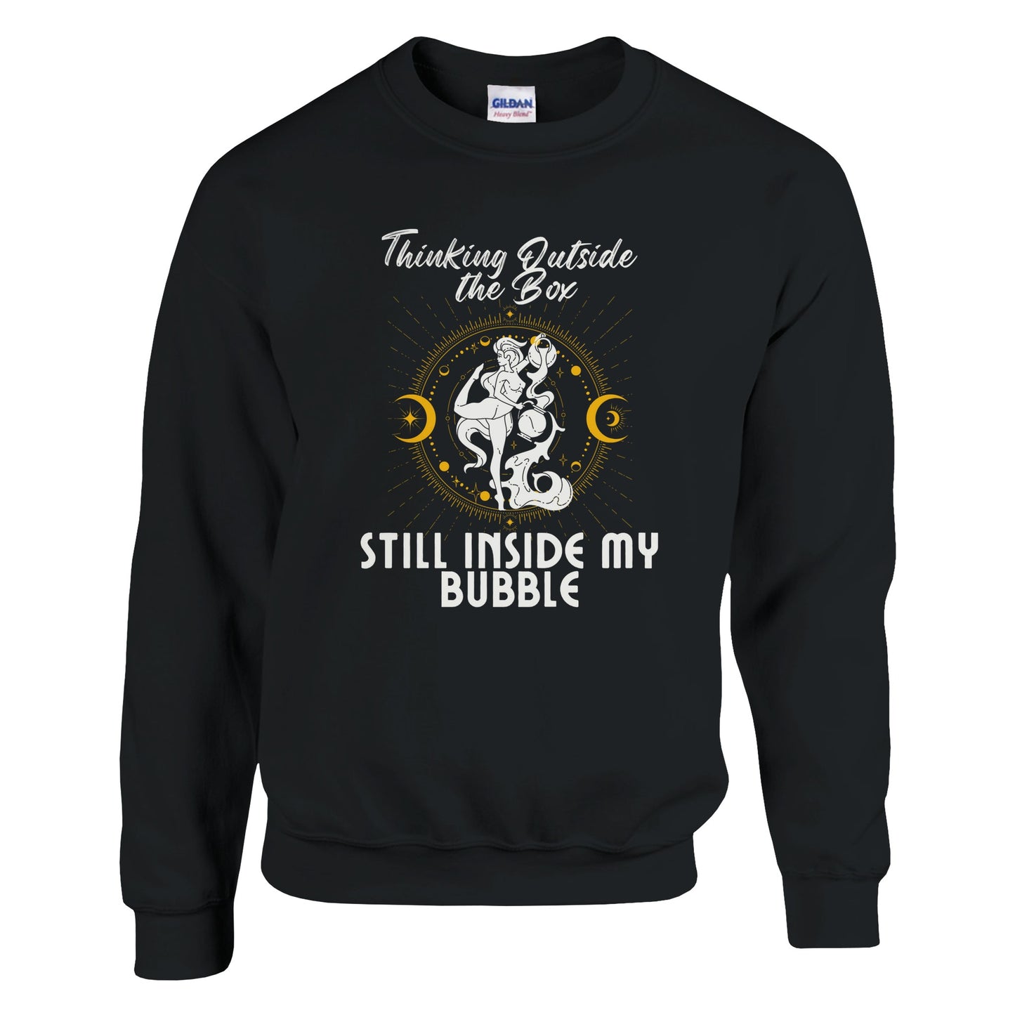 Black sweatshirt with 'Thinking Outside the Box, Still Inside My Bubble' text and white and yellow  celestial-themed illustration.