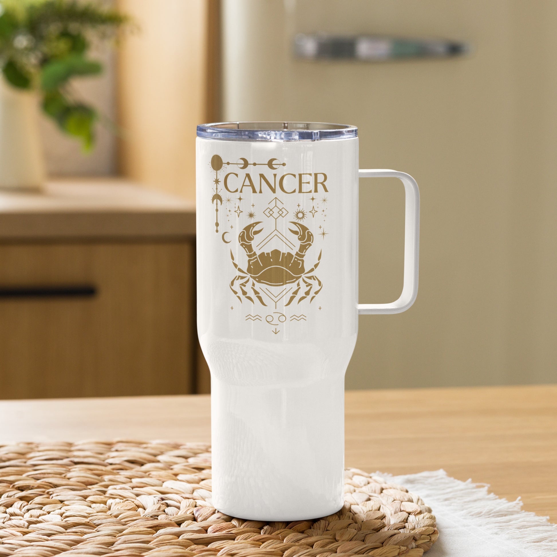 Cancer zodiac travel mug with Cancer symbol in celestial design, featuring constellation and astrological elements; ideal for astrology lovers.