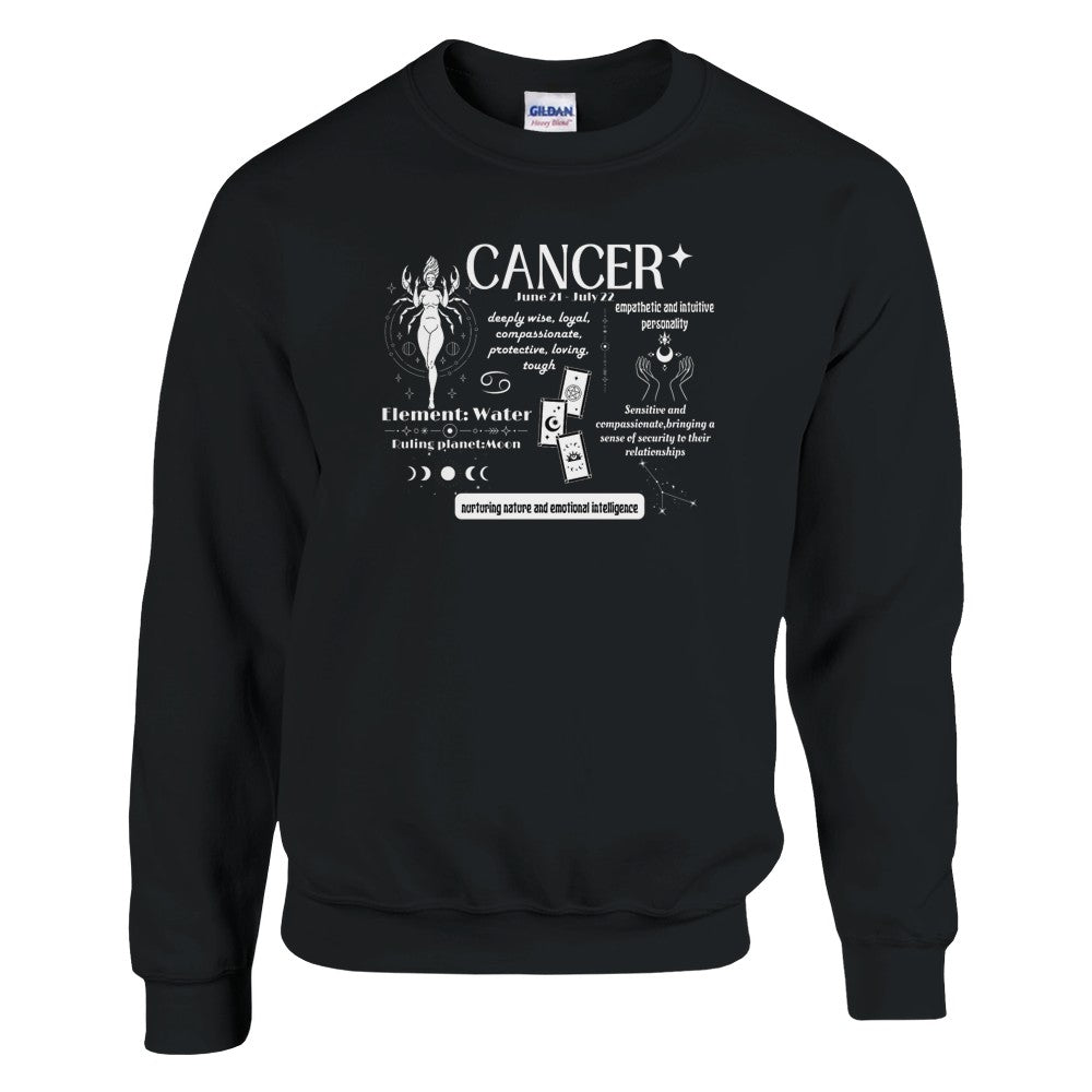 Cancer zodiac sweatshirt, black with astrology traits and water element, Cancer sign apparel.