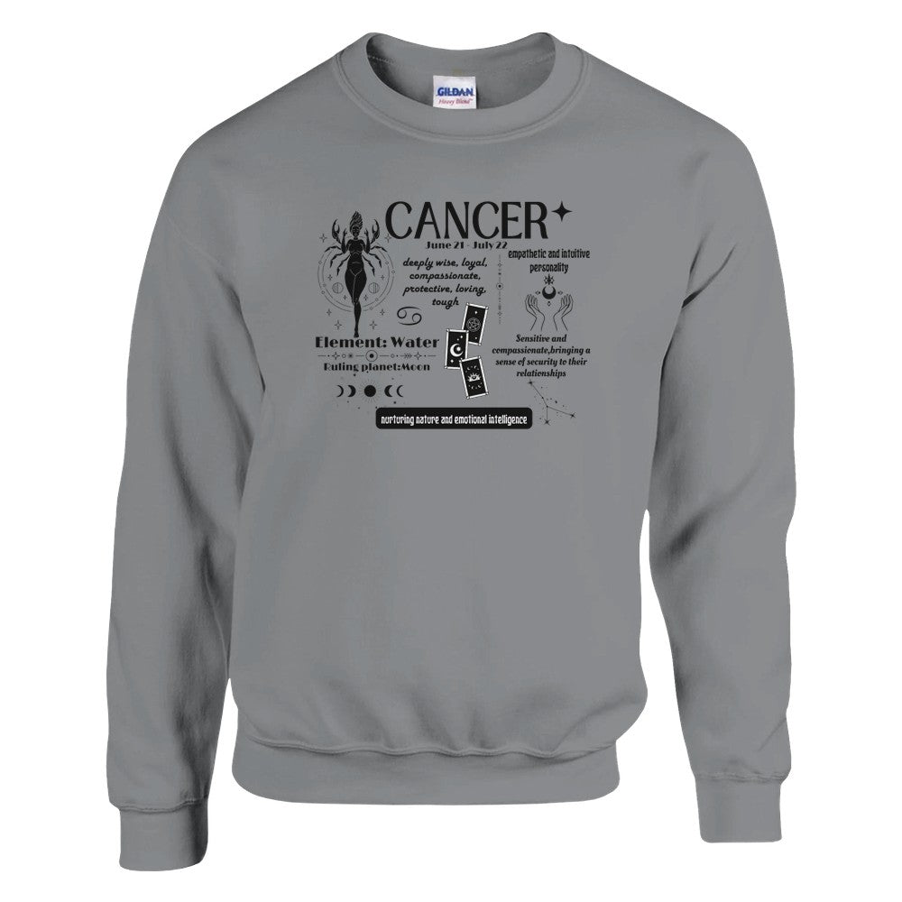 Cancer zodiac sweatshirt, sport grey with astrology traits and water element, Cancer sign apparel.