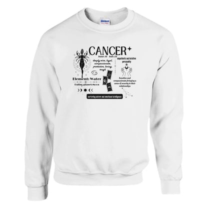 Cancer zodiac sweatshirt, white with astrology traits and water element, Cancer sign apparel.