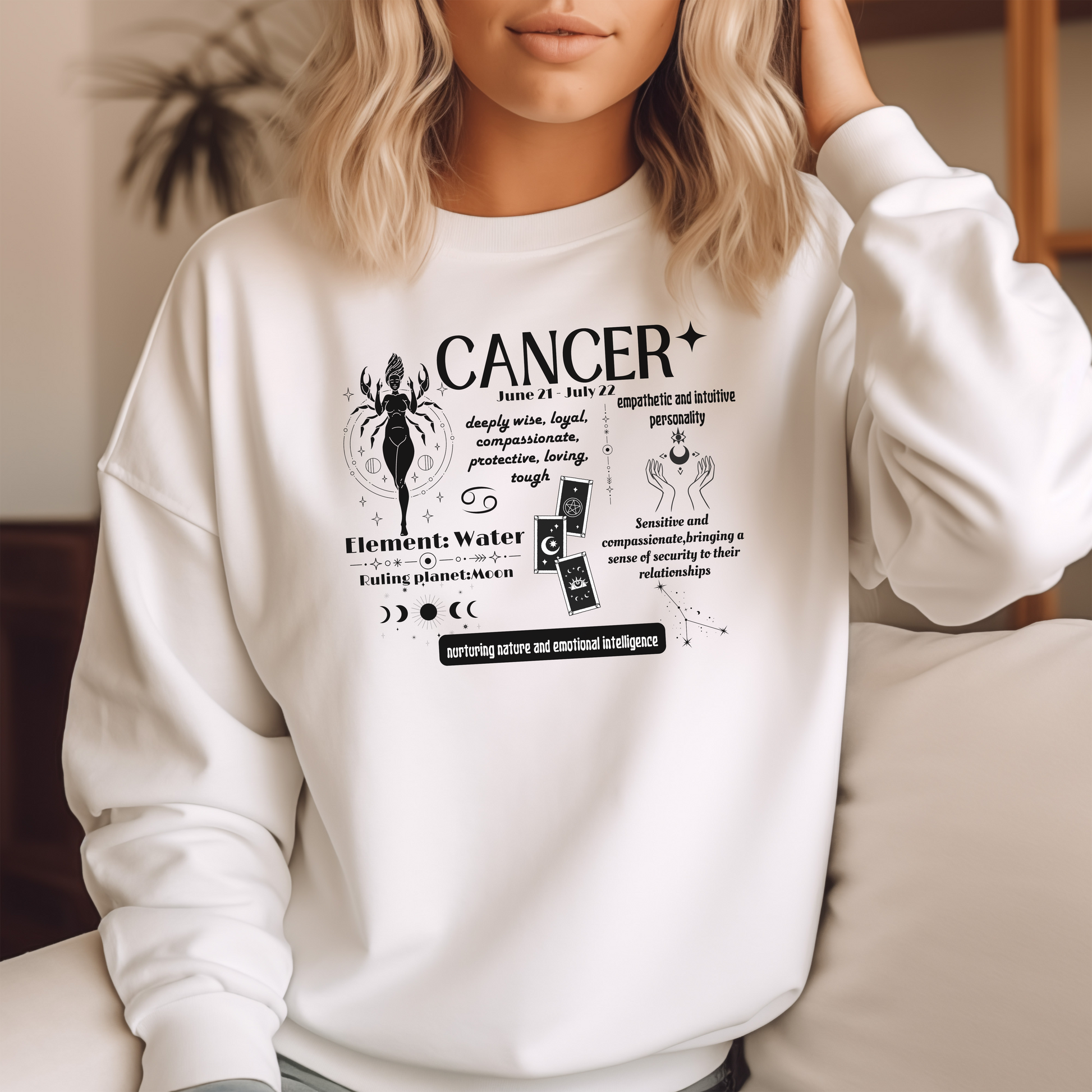 Cancer zodiac sweatshirt, white with astrology traits and water element, Cancer sign apparel.